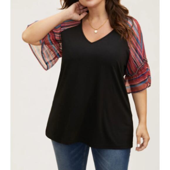 BLOOMCHIC 18-20 2X Plus Black Boho Print Patchwork Raglan Sleeve T-shirt NWT B30 - Picture 1 of 9